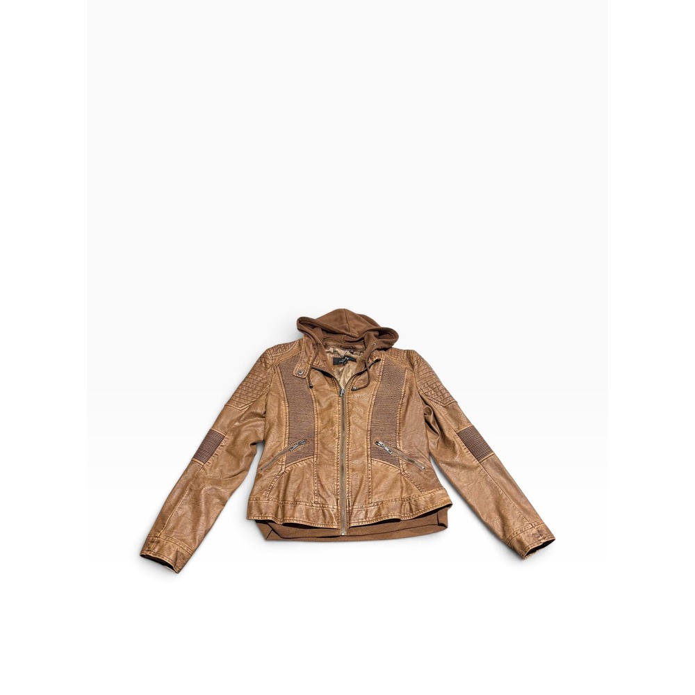 LA Coalition Brown Faux Leather Moto Jacket with Hooded Bib Tan Medium